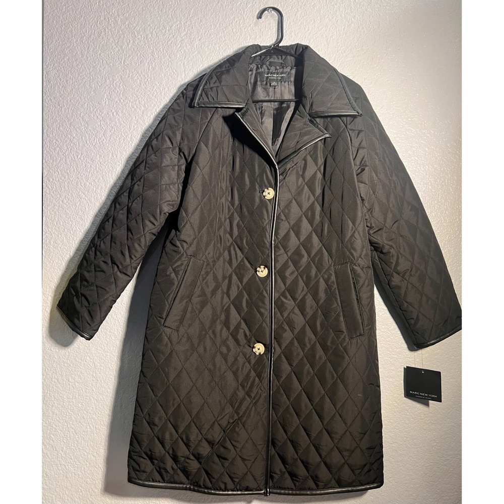 NWT MARC NEW YORK Size S Black Long Diamond Quilted Coat Jacket Gold Buttons New